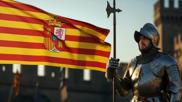 Medieval knight in shining armor holding a halberd, standing proudly next to a waving Spanish flag with a royal coat of arms, against a historical castle backdrop.