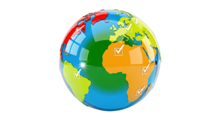 Colorful Globe Depicting Continents and Oceans on White Background.