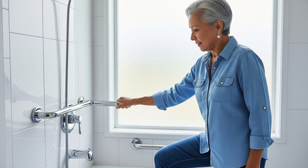 Senior woman safely using a grab bar for support while stepping into the bathtub, showcasing independence and home accessibility