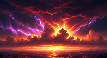 A dramatic and fiery sunset with intense lightning strikes illuminating the stormy, turbulent clouds above a reflective body of water.