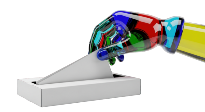 Futuristic Voting: A Colorful Hand Casting a Ballot.