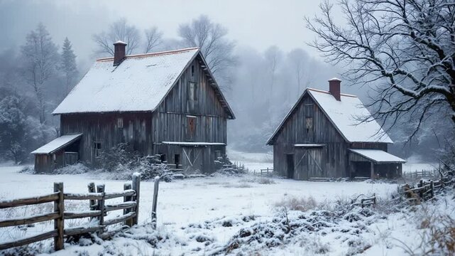 Rustic Barns in a Snowy Winter Landscape.