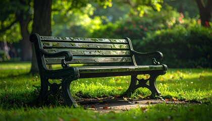 Park bench bathed in morning sun