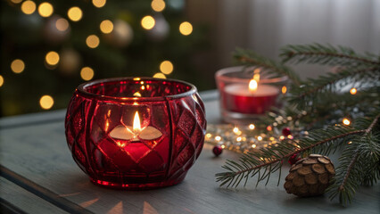 Ruby christmas red decor decoration light holiday cozy candle glow on wooden table with fir branch and pine cone