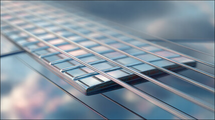 guitar strings creating abstract light reflections, with sharp detail, metallic texture, and shimmering highlights