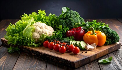 Vibrant assortment of fresh vegetables arranged on a rustic wooden board
