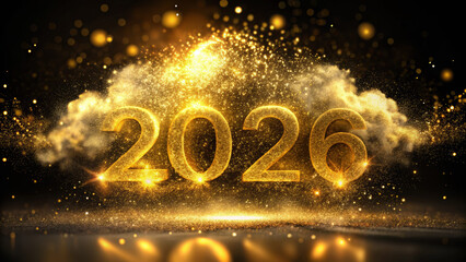 2026 gold new year glitter numbers party celebration with sparkling confetti and glowing bokeh lights creating festive atmosphere