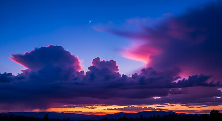 Fototapeta premium Dramatic sunset clouds painted with vibrant pink and orange hues over a silhouetted mountain range.