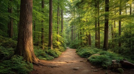 Obraz premium Vibrant Green Forest Trail Bathed in Golden Sunlight, Inviting Exploration in Nature's Serenity and Beauty Among the Trees and Lush Foliage