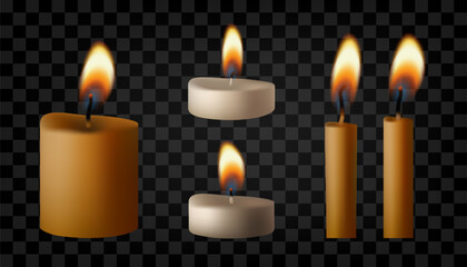 Candle gold flame set. Memorial, short tea light. Burning Bday or wedding fires, vector isolated illustration. 3d lit torch, transparent candlelight. Blow to extinguish wick, spa paraffin heat symbol