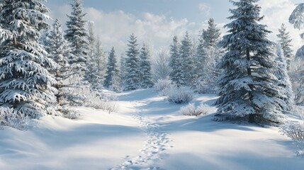 Fototapeta premium winter wonderland snow forest landscape with footprints on path through snowy trees scenery outdoor view