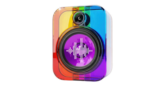 Colorful camera icon with audio waveform graphic.