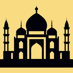 Stylized dark black Mosque  with minar on pale yellow background