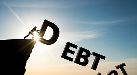 Silhouette of a person pushing the word debt off a cliff edge against a bright sky