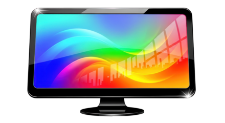 Modern computer monitor displaying a colorful abstract background with vibrant waves and reflections.