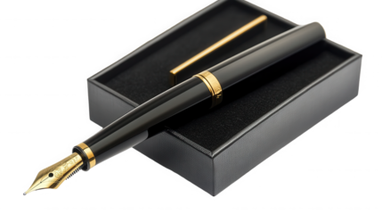 Fountain pen with gold nib isolated on transparent background, on a black box