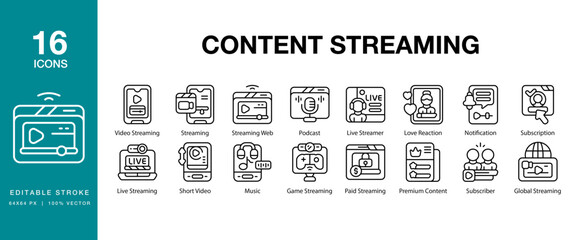 Content Streaming icon set. Includes content, streaming, stream, video, audio and More. Editable Stroke Icon Collection.