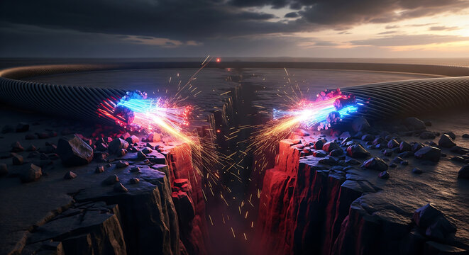 The dramatic rupture of a vital connection, releasing opposing forces of raw power across a desolate terrain