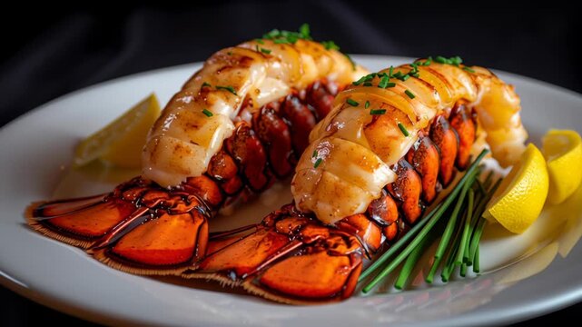 Grilled lobster tail with fresh chive garnish and lemon wedges served on white plate showcasing rich colors seafood meal 4k video
