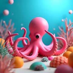 Playful pink octopus in a whimsical underwater scene with coral and sea life