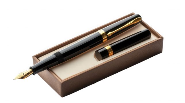 Fountain pen with gold nib isolated on transparent background, on a brown box