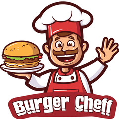 Burger Chef - Chef Holding Hamburger with Waving Hand Gesture Cartoon Character Logo Design