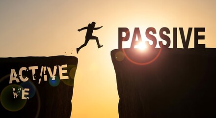 Silhouette of a person jumping from a cliff labeled active to a cliff labeled passive at sunset