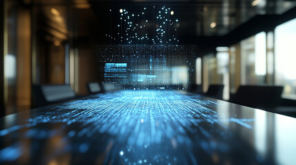 holographic graph floats above a sleek table, glowing with data lines and bars, casting subtle light reflections on the surface below