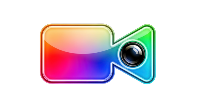 Vibrant Rainbow Colored Video Camera Icon on White Background.