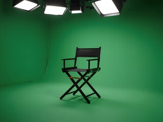 Director's chair on a green screen studio setup with soft box lighting. Filmmaking, documentary photography, interviews, and creative content concept, with a green chroma key background