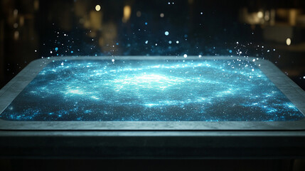 holographic graph floats above a sleek table, glowing with data lines and bars, casting subtle light reflections on the surface below