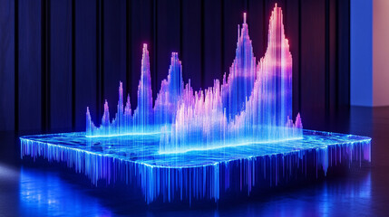 holographic graph floats above a sleek table, glowing with data lines and bars, casting subtle light reflections on the surface below