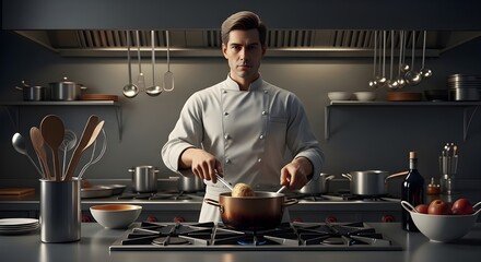 A culinary expert in a professional kitchen stirring food in a stainless steel pot, surrounded by fresh ingredients and modern cooking tools, representing fine dining and gastronomy.