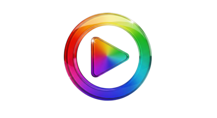 Colorful rainbow gradient play button icon isolated on a white background.