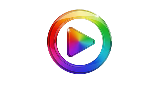 Colorful rainbow gradient play button icon isolated on a white background.