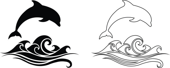 Vector art of black and white outline and silhoutte of a dolphin jumping out of the ocean waves