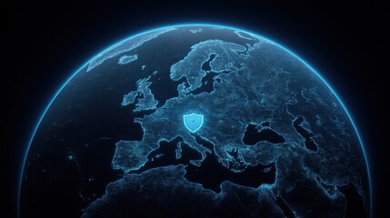 Digital Map of Europe with Glowing Shield Overlay for Cybersecurity Applications and Visual Representations
