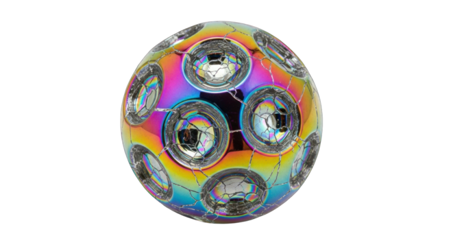 Iridescent rainbow glass sphere with multiple lenses on a white background.
