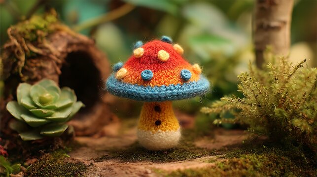 A whimsical knitted mushroom in a miniature forest scene - Powered by Adobe