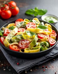 Pasta dish with cherry tomatoes, basil, and pesto