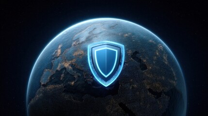 Glowing Digital Shield Overlay on the Globe Representing Cybersecurity in Europe with a High-Tech Aesthetic