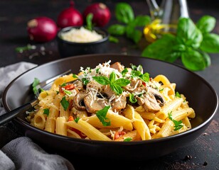 Pasta dish with mushrooms, cheese, and herbs
