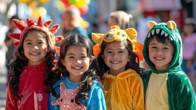 Kids parade joyfully wearing vibrant animal costumes, celebrating childhood imagination and festive fun in a lively outdoor setting