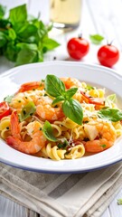 Pasta dish with shrimp, tomatoes, and basil