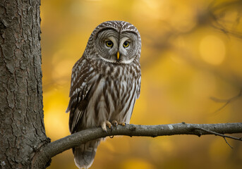 AI Generated image of a Boreal Owl perched calmly on a tree branch surrounded by the warm golden hues of an autumn forest.