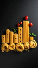 Pasta shapes a city scene on black