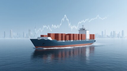 Container Ship Traveling on Calm Water with Stock Market Trend Overlay Displayed in Background Illustrating Business Dynamics