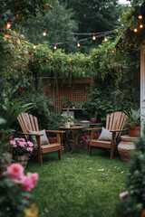 Obraz premium Organic outdoor seating with wood chair and table under trees and leafy garden plants spring season interior design wallpaper background