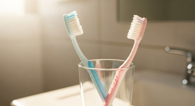 Couple toothbrushes in a glass, representing relationship and daily routine