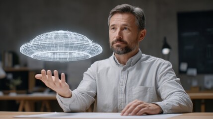 Engineer Observing Hologram of Architectural Blueprint in Modern Workspace with Advanced Technology Displayed on Table